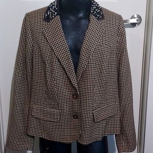 Brown and Black Houndstooth Blazer with Jewel Collar Detail